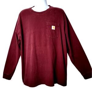 Carhartt XL Long Sleeve Pocket T-Shirt Maroon Workwear Loose Fit Utility Rugged